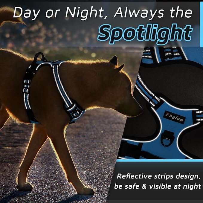 Eagloo Dog Harness Medium Sized Dog, No Pull Service Vest with Reflective Strips and Control Handle, Adjustable and Comfortable for Easy Walking, No Choke Pet Harness with 2 Metal Rings, Sky Blue, M-PurrikoPets