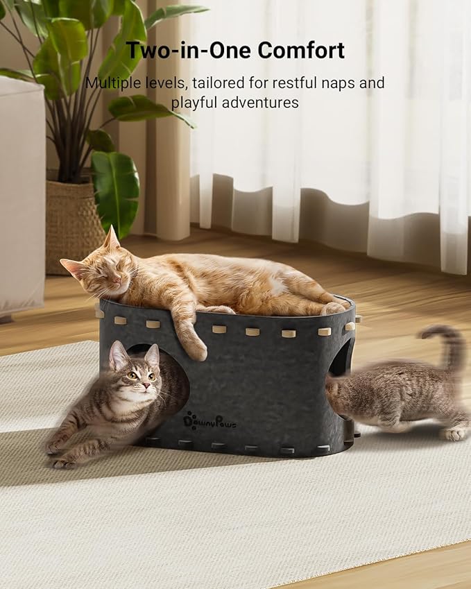 DownyPaws Cat House for Indoor Cats, Cat Bed Cave for Multiple & Large Cats Up to 22 Lbs, Scratch Resistant Peekaboo Cat Caves, Foldable Tunnel Enclosed Bed, PeekaPurr, Sesame Gray-PurrikoPets