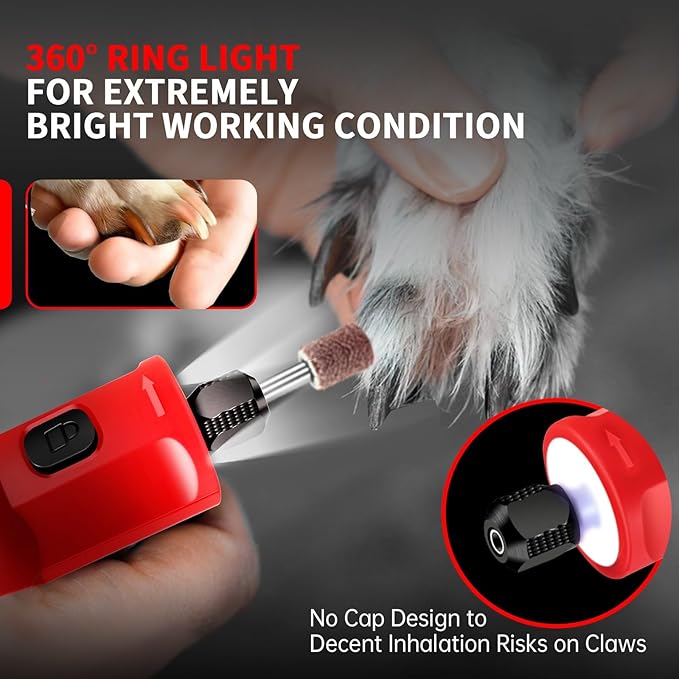 Dog Nail Grinder - Upgraded Pet Nail Grinder, Electric 5 Speeds LED Lights Ring Rechargeable Dog Nail Trimmers Kit, 40 Accessories Cordless Pet Nail Grinder for Dogs Cats and Small/Medium Animals Red-PurrikoPets