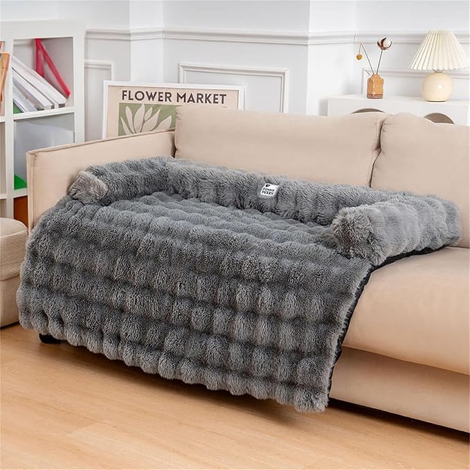 FUNNY FUZZY Pet Fluffy Plush Calming Dog Couch Bed Sofa Protector Washable Pets Mat for Large Medium Small Dogs and Cats (Grey,47.24 × 37.4 × 6.3 in)-PurrikoPets