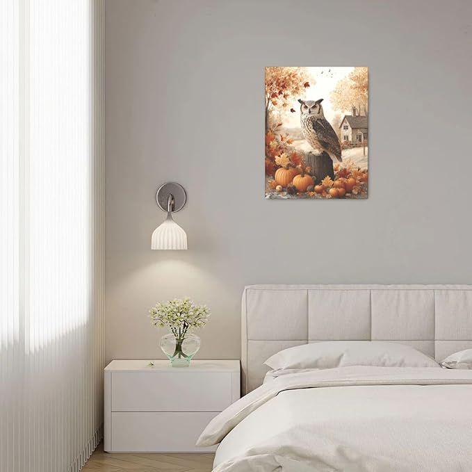 Fall Owl Wall Art Autumn Pumpkin Leaves Wall Decor Rustic Canvas Print Farmhouse Pictures Painting Print Framed Artwork Decorations Gifts for Living Room Bathroom Bedroom Office 16"x20"-PurrikoPets