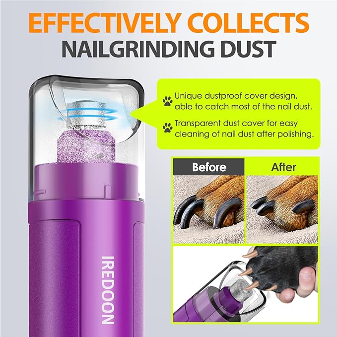 Dog Nail Grinder Upgraded - Professional 3-Speed Super Quiet and Low Vibration Electric Pet Nail Grinder with 4 LED Lights - Painless Paws Grooming & Smoothing for Small to Large Dogs (Purple)-PurrikoPets