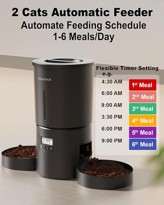 Dual Automatic Cat Feeder 2 Cats,6 Meals/Day,12 Portions/Meal,4.2L Dual Power Double Bowls Feeder,Dry Food Auto Pet Dispenser,10S Voice Record,Flexible Schedule Timer (Black,Basic Dual Bowls)-PurrikoPets