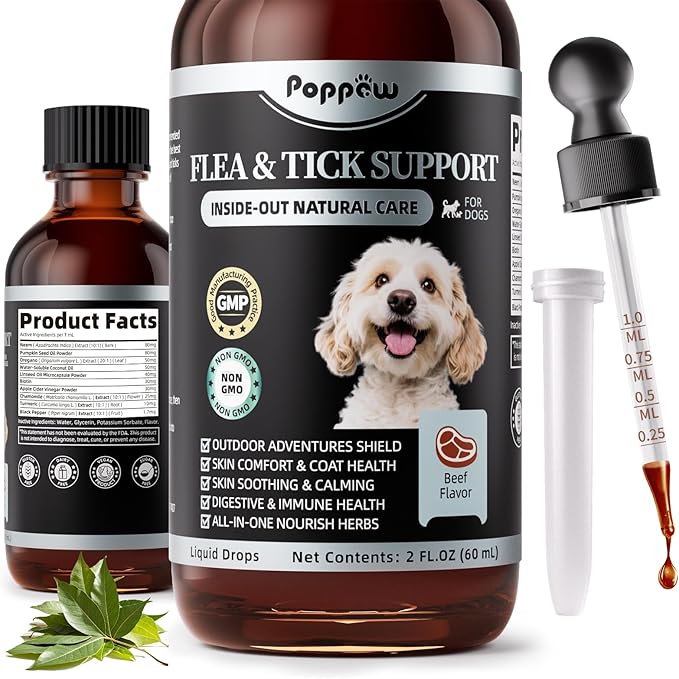 Dog Flea and Tick Support, Natural Herbal Flea & Tick Comfort for Dogs, Flea Liquid Drops Supplement for Dogs with Neem, Oregano, Pumpkin Seed Oil - Beef Flavor, 2 FL.Oz - All Breeds & Sizes-PurrikoPets