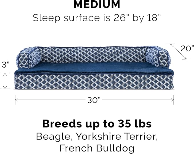 Furhaven Memory Foam Dog Bed for Medium/Small Dogs w/ Removable Bolsters & Washable Cover, For Dogs Up to 35 lbs - Plush & Woven Decor Comfy Couch Sofa - Diamond Blue, Medium-PurrikoPets
