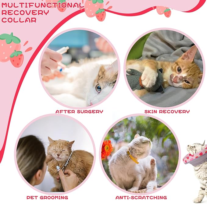 EXPAWLORER Cat Recovery Cone Collar- Soft Adjustable Pet Collar for After Surgery, Waterproof Elizabethan Protective Collar, Stop Licking Donut for Small Medium Kittens (Strawberries M (8.5-12 in))-PurrikoPets