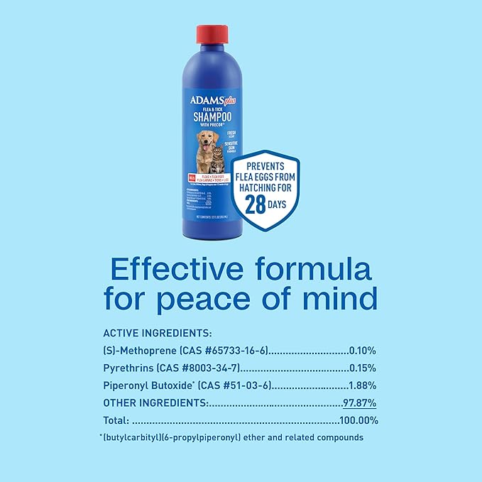Adams Plus Flea & Tick Shampoo with Precor for Cats, Kittens, Dogs & Puppies Over 12 Weeks Of Age Sensitive Skin Flea Treatment | Kills Adult Fleas, Flea Eggs, Ticks, and Lice| 12 Ounces-PurrikoPets