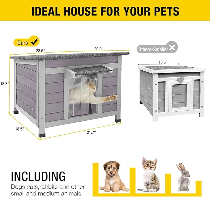 Aivituvin Cat House Waterproof Feral Kitty Shelter Outdoor Indoor Rabbit Hutch for Bunnies,Cats,Dogs and Other Small Animals,Asphalt Roof-PurrikoPets