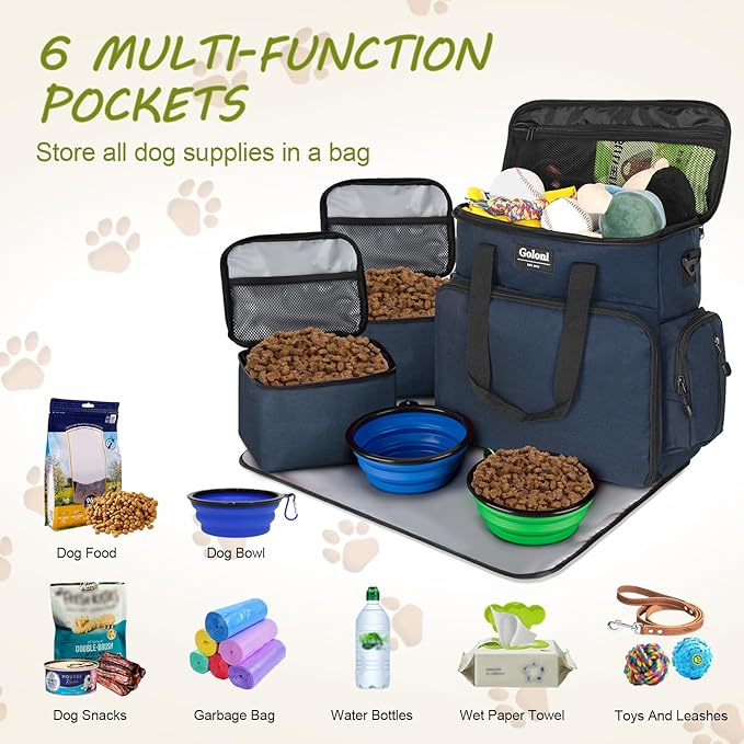 Dog Travel Bag Airline Approved–Pet Travel Tote with Collapsible Bowls,Food Containers & Feeding Mat–Multi-Pocket Organizer for Dogs & Cats, Durable & Water-Resistant for Hiking,Trips,Outdoors-PurrikoPets