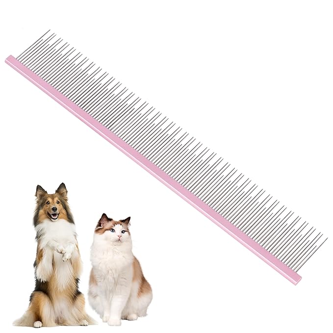 8.5 Inch Upgrade Pink Professional Pet Comb,Dual-Tooth Grooming Comb Anti-Static Smooth Rounded Corners Prevent Friction Breakage and Irritation,Long-Haired Cats and Dog Essential,Christmas Pet Gift-PurrikoPets