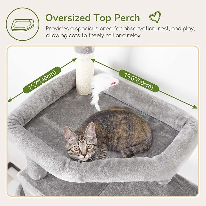 Globlazer Large Cat Tree Tower, Tall Cat Tree Condos for Indoor Cats Large Adult Cat Climbing Tower with 2 Spacious Caves, Oversized Top Perch, Big Hanging Basket, Cat Teaser Wand, F74B, Light Grey-PurrikoPets