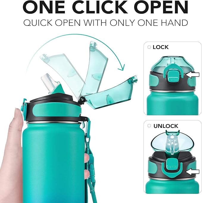 Enerbone 32 oz Insulated Water Bottle, Stainless Steel Bottle with Carrying Strap, Double-Wall Vacuum Insulation Design, Leakproof Sports Bottle with Straw, Keep Drinks Cold or Hot for Hours-PurrikoPets