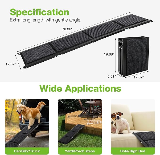 FAHKNS Dog Ramp for Car, 71" x 17" Extra Long Wide Folding Pet Ramp, Non-Slip Rug Surface, Aluminum, Black, Up to 300 LBS-PurrikoPets