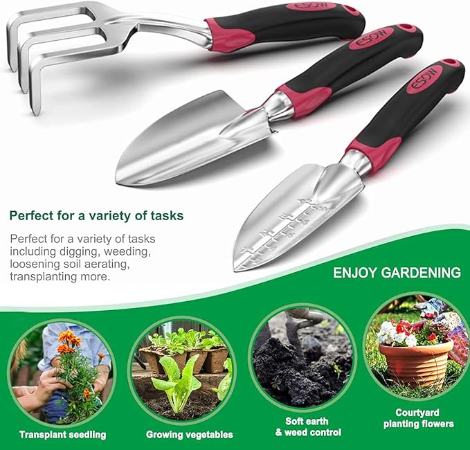 ESOW Garden Tool Set with Non-Slip Rubber Handle, 3 Piece Cast-Aluminum Heavy Duty Gardening Kit Includes Hand Trowel, Transplant Trowel and Cultivator Hand Rake, Red-PurrikoPets