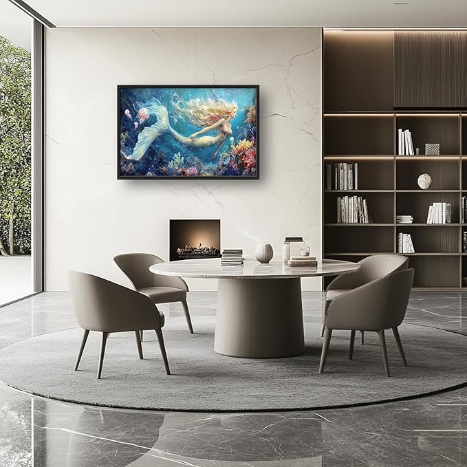 Extra Large Framed Mermaid Wall Art,Oversized Undersea Ocean Wall Decor,Colorful Coral Reefs Pictures for Living Room,Elegant Canvas Print Painting Modern Artwork Bedroom Bathroom 36L x 24W-PurrikoPets