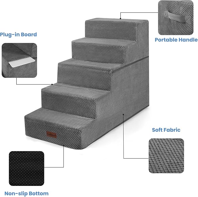 Dog Stairs for High Bed 22.6" H,5-Step Dog Steps for Small Dogs and Cats,Indoor Non-Slip Balanced Pet Stairs are Suitable for Puppy,Older Cat,Grey-PurrikoPets