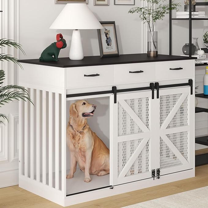 48'' Dog Crate Furniture with Divider&Storage Drawers, Wooden Double Dog Kennel Furniture End Table with Sliding Barn Doors, White Double Dog Crate TV Stand-PurrikoPets