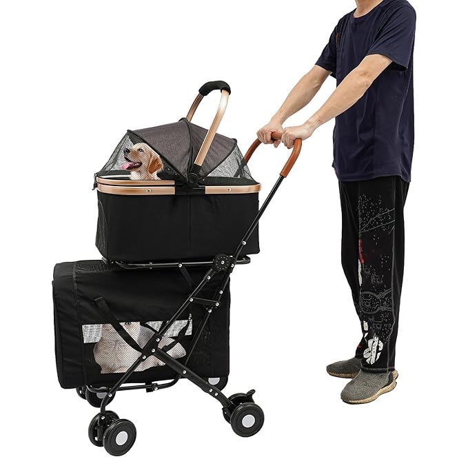 Foldable Pet Stroller for Small & Medium Dogs, Double Dog & Cat Stroller with 3-in-1 Travel System, Detachable Pet Carrier with Wheels for Cats and Dogs up to 77 lbs, Black-PurrikoPets