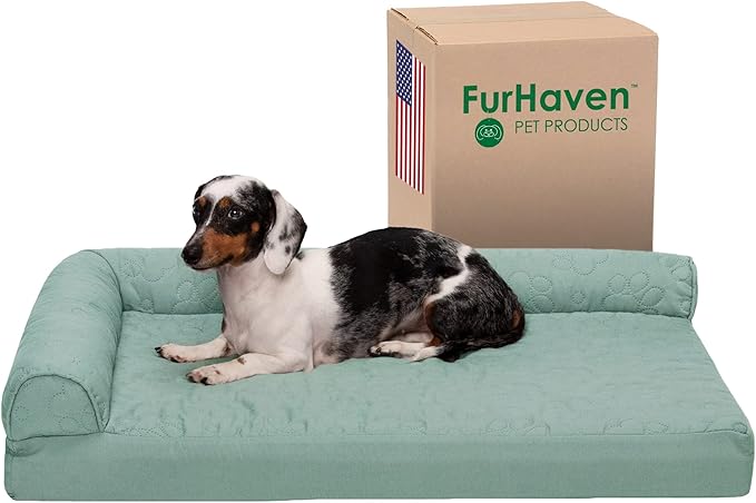 Furhaven Cooling Gel Dog Bed for Medium/Small Dogs w/ Removable Bolsters & Washable Cover, For Dogs Up to 35 lbs - Pinsonic Quilted Paw L Shaped Chaise - Iceberg Green, Medium-PurrikoPets
