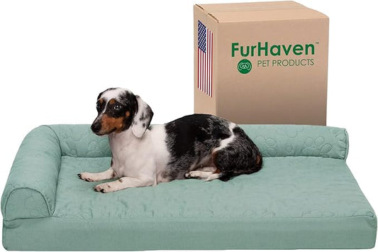 Furhaven Cooling Gel Dog Bed for Medium/Small Dogs w/ Removable Bolsters & Washable Cover, For Dogs Up to 35 lbs - Pinsonic Quilted Paw L Shaped Chaise - Iceberg Green, Medium-PurrikoPets