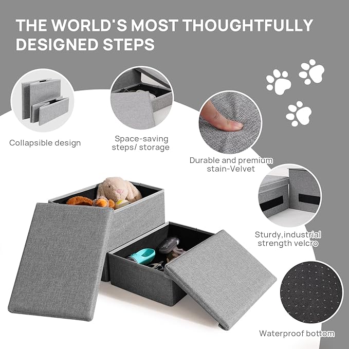 Foldable Dog Stairs/Steps 2-Tier Pet Steps Storage and Adjustable Steps for Small Medium Dogs Pet Steps Storage Stepper for High Beds Sofa Pet Dog Cat (2 Step-Light Grey)-PurrikoPets