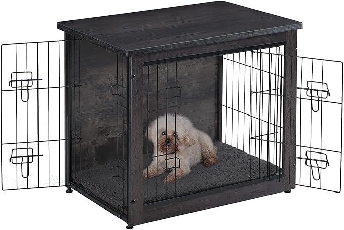 DWANTON Dog Crate Furniture with Cushion, Wooden Kennel Table with Double Doors, Indoor Dog House, Small/Medium/Large/Extra Large Size, 27.2" L, Dark Gray-PurrikoPets