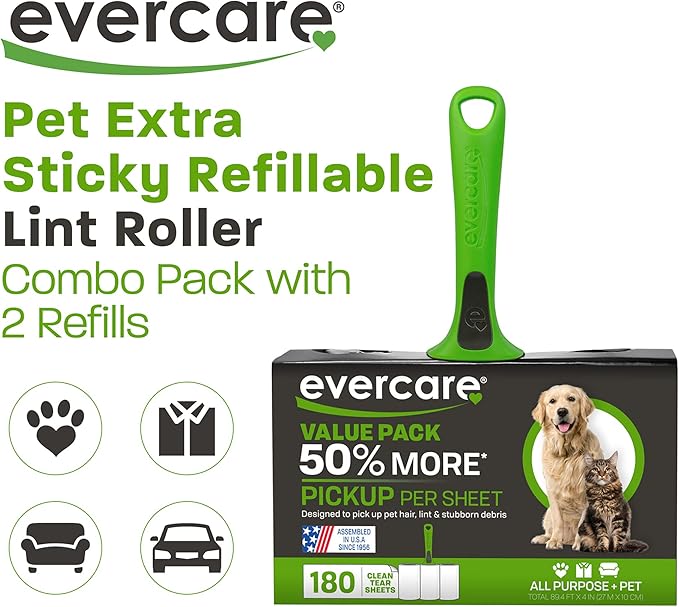 Evercare All Purpose Pet Hair Lint Roller with 2 Refills, 180 Total Sheets – Reusable Sticky Roller for Pet Hair, Cat & Dog Hair Remover, Lint Remover, Pet Hair Remover for Furniture, Clothing & Cars-PurrikoPets