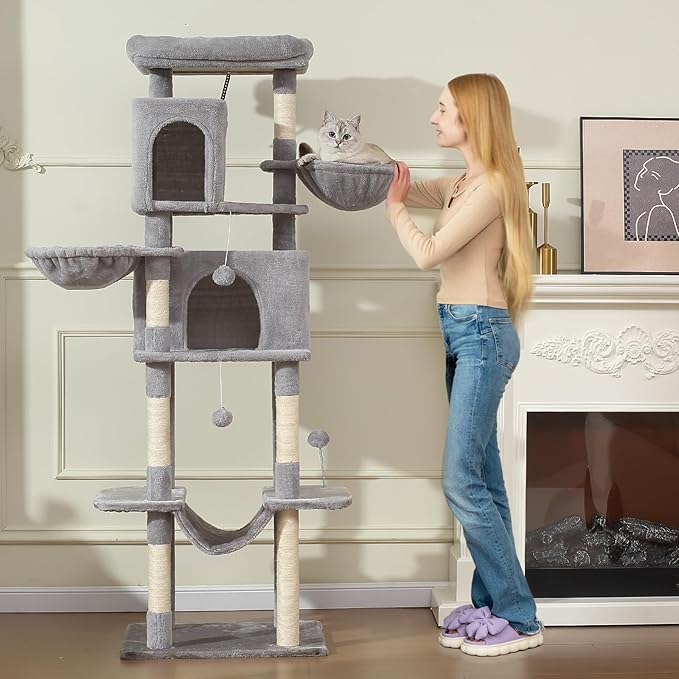 70-Inch Cat Tree,Large Cat Tree Tower with Hammock, Scratching Post, Condo and Multi-Level Cat Tower for Large Cats, Cat Activity Center Playhouse, Light Gray LCT016-PurrikoPets