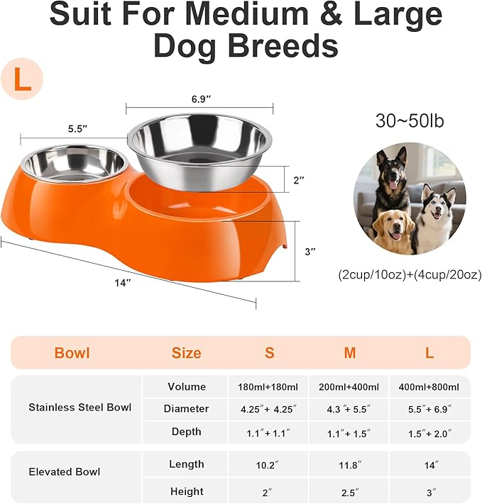 Elevated Dog Bowls Set - Non-Slip Raised Pet Feeder with Medium (10 oz) & Large (20 oz) Stainless Steel Bowls - Includes Durable Resin Stand for Puppies, Adult Dogs & Cats - Orange-PurrikoPets