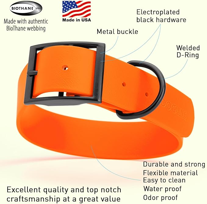 Dogline Biothane Waterproof Dog Collar Strong Coated Nylon Webbing with Black Hardware Odor- Proof for Easy Care Easy to Clean High Performance Fits Small Medium or Large Dogs, Hunter Orange-PurrikoPets