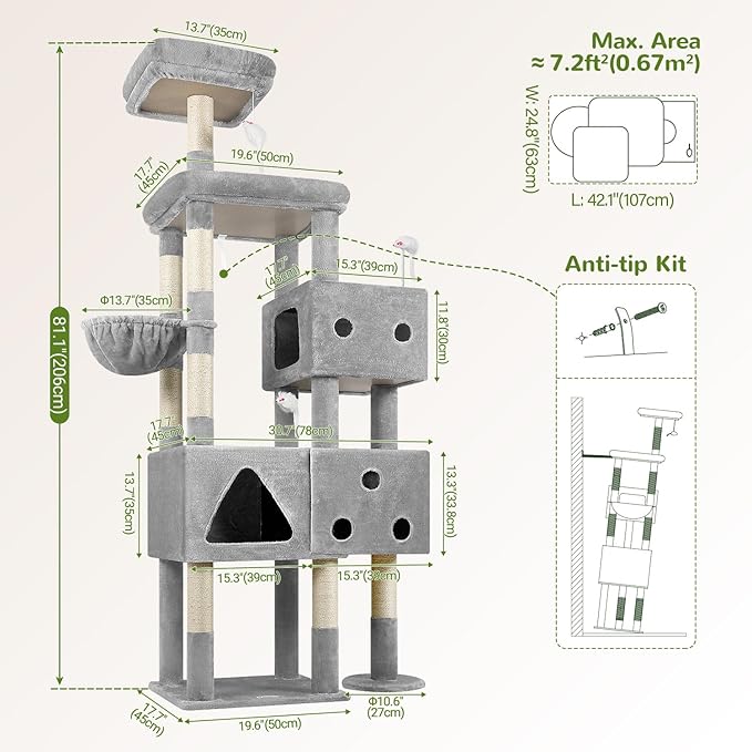 Globlazer Extra Large Cat Tower, 81-inch Tall Cat Tree for Big Cats 20 lbs, XXL Heavy Duty Cat Scratching Tower for Indoor Adult Cats with 3 Cat Condos, 8 Scratching Posts, F81, Light Grey-PurrikoPets