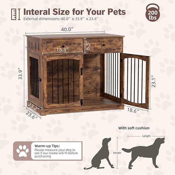 40 Inch Furniture-Style Dog Crate-Multipurpose Wood Pet Crate Furniture with Double Doors,2 Drawers, Decorative Dog House Indoor for Smal/Medium Dogs, Brown Finish-PurrikoPets
