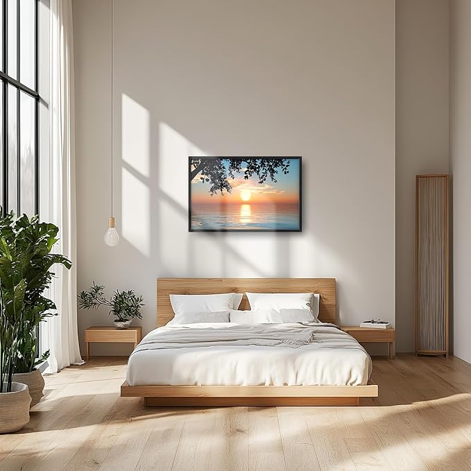 Framed Large Lake Sunset Wall Art, Oversized Natural Landscape Wall Decor for Living Room, Tree Leaves Canvas Painting Pictures Home Decoration for Living Room Bedroom Office 36"x24"-PurrikoPets