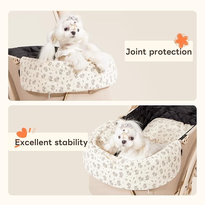 Dog Stroller Cushion & Mat, Pet Stroller Cushion for Dogs & Cats, 5-Level Waterproof & Removable Inner Core, Dog-Ergonomic 3-Zone Support, 4-inch Thickness (Flower Set)-PurrikoPets