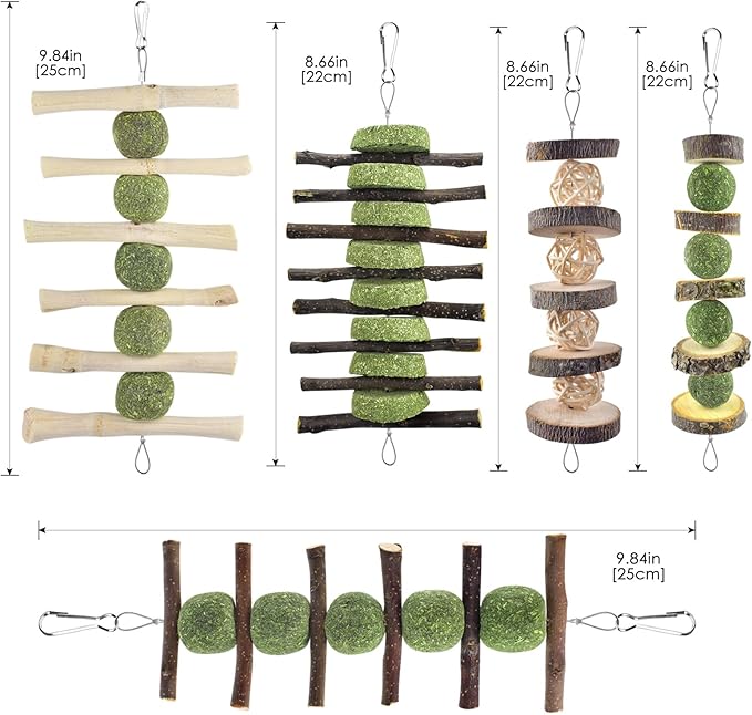 ERKOON Bunny Chew Toys, Rabbit Chew Toys for Teeth Grinding, Improve Dental Health, 100% Natural Apple Wood Timothy Grass Cake Treats for Rabbits Guinea Pigs Chinchillas Bunnies Hamsters (5 Pcs)-PurrikoPets