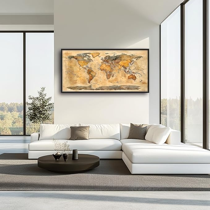 Extra Large World Map Framed Wall Art for Living Room,Oversized Vintage Map of The World Pictures Wall Decor,Canvas Print Painting Modern Artwork Bedroom Office Bathroom 60L" x 30W"-PurrikoPets