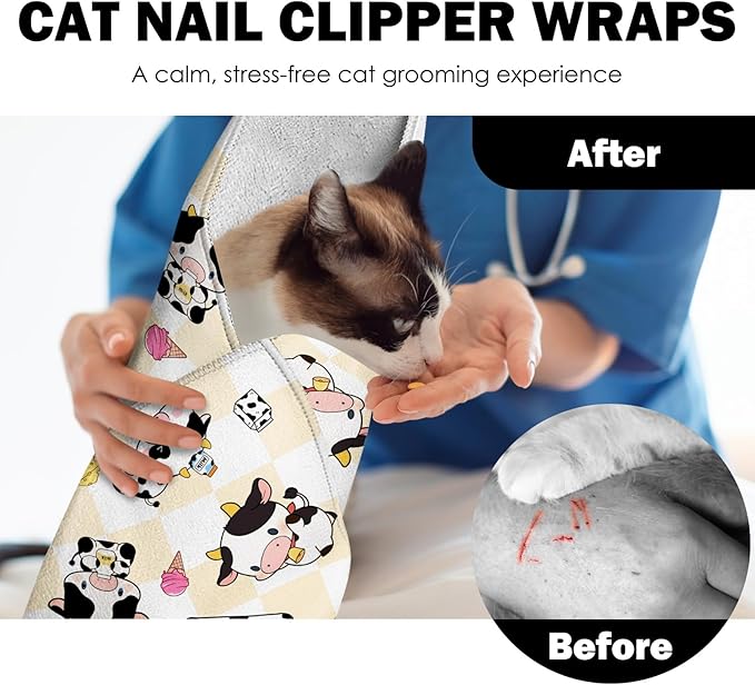 27.6" Cat Grooming Wrap, Self Adhesive Cat Wrap for Cutting Nails, Anti-Escape Calming Cat Swaddle Wrap for Medicine Ear Cleaning, Cartoon Cow Anti-Scratch Cats Burrito Restraint Blanket, Pet Tool-PurrikoPets