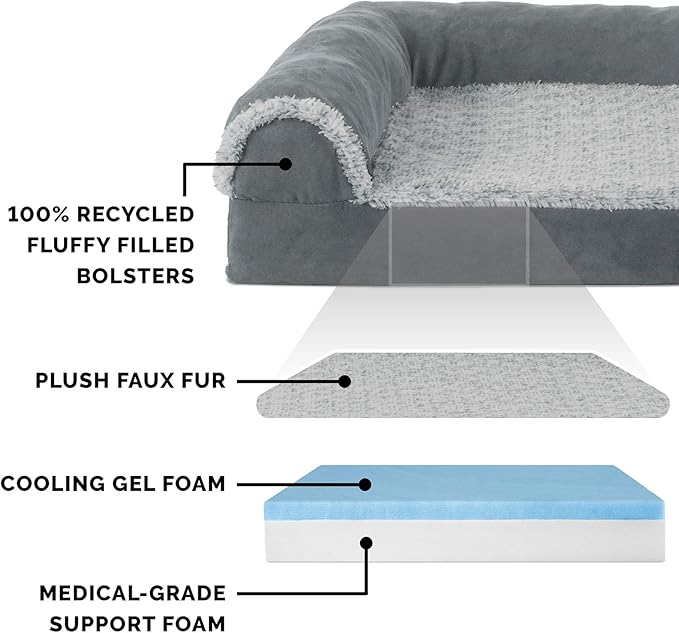 Furhaven Cooling Gel Dog Bed for Large Dogs w/ Removable Bolsters & Washable Cover, For Dogs Up to 125 lbs - Two-Tone Plush Faux Fur & Suede L Shaped Chaise - Stone Gray, Jumbo Plus/XXL-PurrikoPets