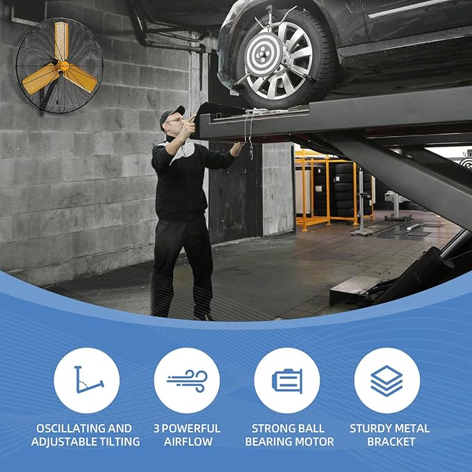 24 inch Oscillating High Velocity Wall Mount Fan, 7600 CFM Industrial Heavy Duty Metal Wall Fan, 3 Speeds, Adjustable Height and Tilt, Commercial Shop Fans for Garage, Workshop-PurrikoPets