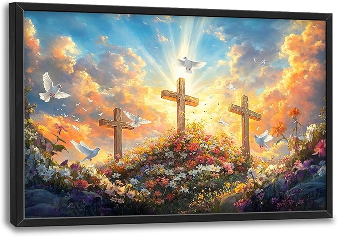 Framed Large Christian Jesus Wall Art, Oversized Floral Dove Wall Decor for Living Room, Landscape Canvas Painting Peaceful Pictures Modern Artwork for Living Room Bedroom Office 36"x24"-PurrikoPets