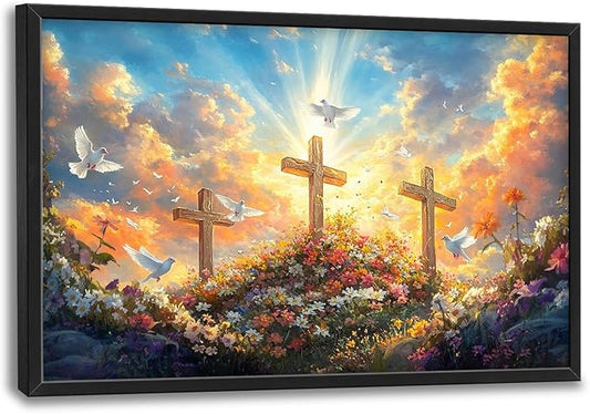 Framed Large Christian Jesus Wall Art, Oversized Floral Dove Wall Decor for Living Room, Landscape Canvas Painting Peaceful Pictures Modern Artwork for Living Room Bedroom Office 36"x24"-PurrikoPets