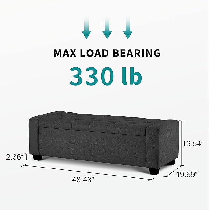 48" Ottoman with Storage, Storage Ottoman Bench with Safety Hinge, Upholstered Entryway Bench with Seating for Bedroom, Living Room, Holds up to 330 lb, Dark Gray-PurrikoPets