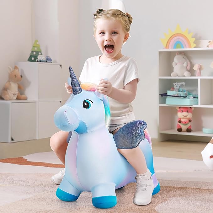 EVERICH TOY Unicorn Bouncy Horses Inflatable Plush Hopping Toy Bouncing Hopper Animals for Toddlers,Outdoor&Indoor Bouncy Animals for Toddlers,Gift for 18 Months 2 3 4 Year Old (W/Pump)-PurrikoPets