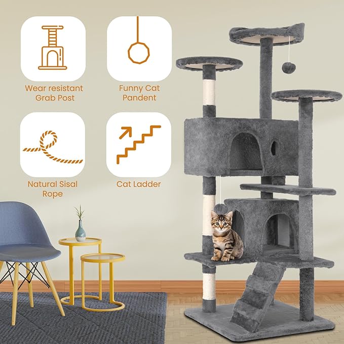 54.7 Inches Cat Tower for Indoor Cats, Multi-Level Cat Condos with Scratching Posts, Hanging Toys, Light Gray-PurrikoPets