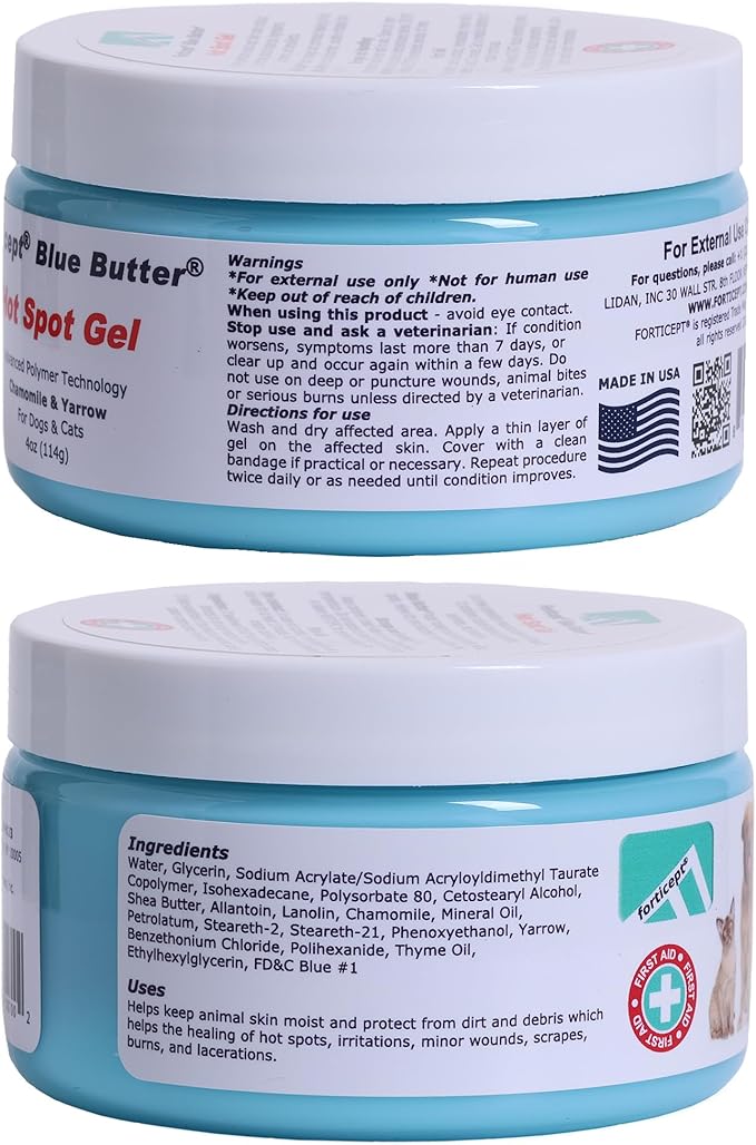 Forticept Blue Butter – Hot Spot Treatment for Dogs | Dog Wound Care | Skin Yeast Infections, Ringworm, Cuts, Rashes, First Aid Veterinary Strength Topical Ointment 4oz-PurrikoPets