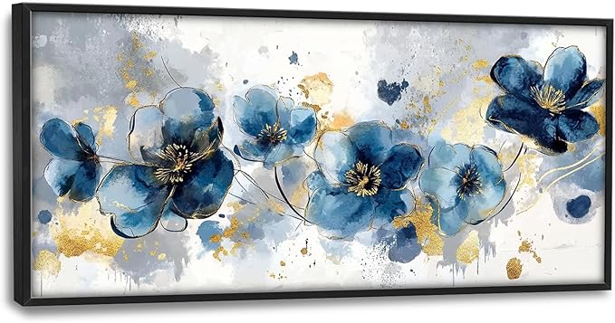 Extra Large Framed Abstract Blue Flower Wall Art,Oversized Golden Grey Floral Wall Decor Pictures for Living Room,Canvas Print Painting Modern Artwork Bedroom Office Bathroom Home Decor 60L" x 30W"-PurrikoPets