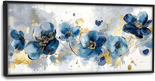 Extra Large Framed Abstract Blue Flower Wall Art,Oversized Golden Grey Floral Wall Decor Pictures for Living Room,Canvas Print Painting Modern Artwork Bedroom Office Bathroom Home Decor 60L" x 30W"-PurrikoPets