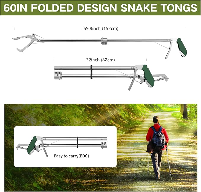 60“ Snake Tongs Collapsible Grabber, Professional Reptile Snake Catcher Wide Jaw Handling Tool, Stainless Steel Snake Hook-PurrikoPets