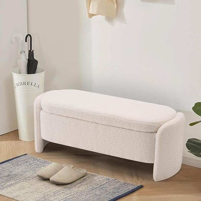 47.6 Inch Lamb Fleece Oval Storage Bench Upholstered Ottoman Bench with Storage, Bedroom Bench with Large Storage Space, for Bedroom Living Room Entryway, Beige-PurrikoPets