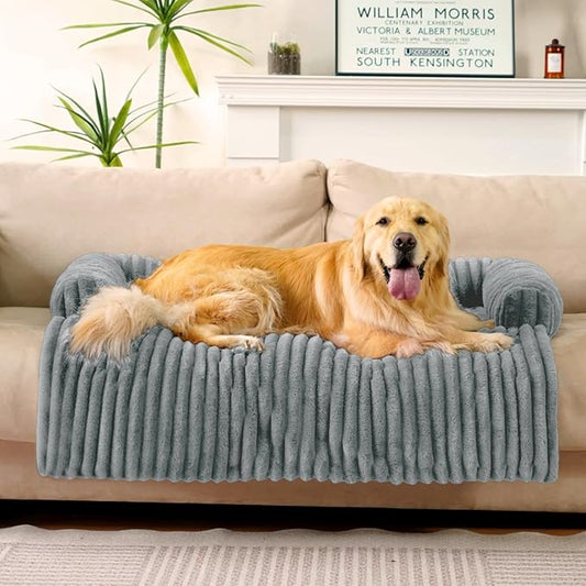 FUNNY FUZZY Pet Couch Cover for Sofa, Calming Dog Bed for Couch, Fluffy Plush Dog Couch Mat for Furniture Protector for Large Medium Small Pets, 47×37 in, Mist Grey-PurrikoPets